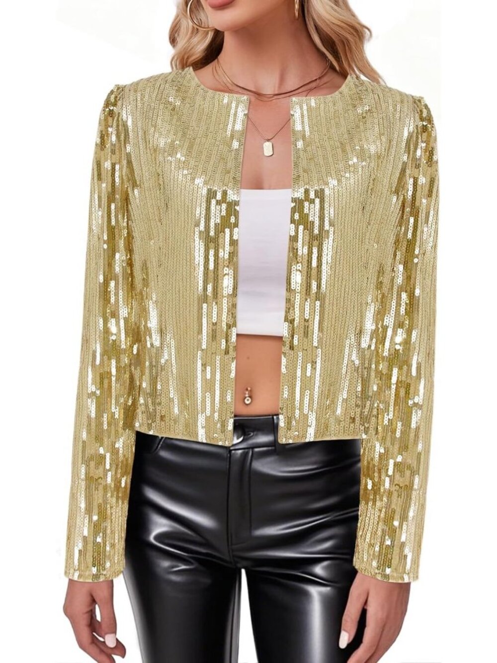 Women’s Gold Sequin Jackets Long Sleeve Open Front Coat Glitter Short Blazer